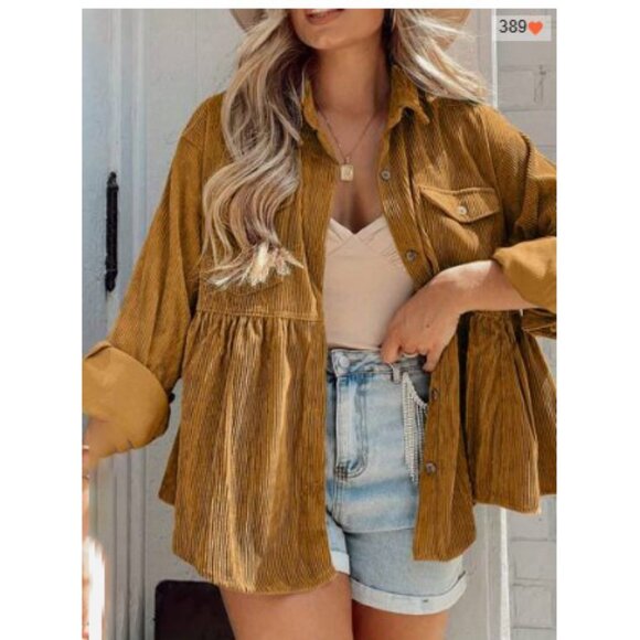 Corduroy long sleeve peplum button up top boho - Picture 2 of 3